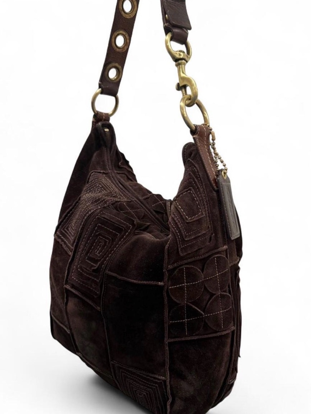 Vintage Coach Mosaic Dark Brown Suede Patchwork Shoulder Bag Geo Pattern unique - Picture 9 of 12